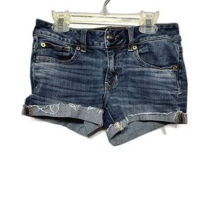 American Eagle Denim Shorts Shortie Dark Blue Jeans Cuffed Cut Off Women sz 2